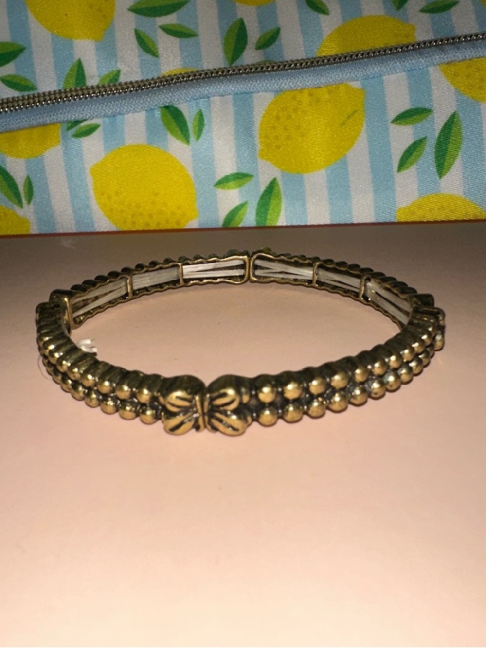 Antique Gold Bow Accent Beaded Stretch Bracelet for Women